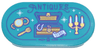 Tile, Round 2 x 4 Oval with Gold Treasure Chest, Watch, Fork, and Candelabra, White Sparkles and 'STORE' Banner and Dark Purple 'ANTIQUES' Pattern