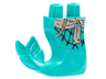 Tail, Mermaid / Merman Curved Right with Medium Azure and Coral Sash, Silver Chain and Pin, Black Fishnet Pattern