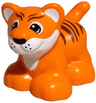Duplo Cat, Large, Baby Cub, Standing (Tiger) with Molded White Muzzle and Inner Ears and Printed Black and White Eyes, Nose and Whisker Dots, Reddish Brown Stripes Pattern