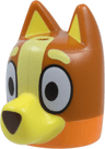 Minifigure, Head, Modified Dog (Cattle) with Straight Ears, Hole on Top with Molded Dark Orange Top and Bright Light Yellow Muzzle and Auricles and Printed Eyes, Eyebrows, Markings and Dark Brown Nose Pattern