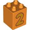 Duplo, Brick 2 x 2 x 2 with Bright Light Orange Number 2 with Reddish Brown Outline Pattern