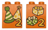 Duplo, Brick 2 x 2 x 2 with Number 2 and Bright Light Yellow, Yellow and Lime Party Hats with Stripes and Stars / Presents / Gifts with Bows Pattern