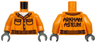 Torso Prison Jumpsuit with Dark Orange Collar, Pockets, Fold Lines, Seams and Belt, White Undershirt, Light Bluish Gray Buttons, Black 'ARKHAM ASYLUM' on Back Pattern / Orange Arms / Dark Bluish Gray Hands
