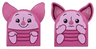 Duplo, Brick 2 x 2 x 2 Curved Top with Pointed Ears with Bright Pink Head, Hands and Feet, Black Eyes and Mouth, Magenta Stripes, Smile / Worried Pattern (Piglet)