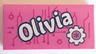 Tile 2 x 4 with 'Olivia' and Gear Pattern