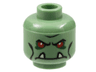Minifigure, Head Alien Troll with Red Eyes, Black Eyebrows and Cheek Lines, Dark Green Eye Shadow, and Frown with Tan Lower Fangs Pattern