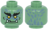 Minifigure, Head Alien with Black Bushy Eyebrows, Yellow Eyes, White Lower Fangs, and Sand Blue Scales Pattern