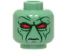 Minifigure, Head Alien with Red and Dark Red Eyes, Dark Green Wrinkles, Cheek Lines and Chin Dimple, Frown Pattern