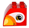 Duplo, Brick 2 x 3 x 2 Slope Curved with Circled Black Eye with Bright Light Orange Arc, Bright Light Yellow and Orange Beak, and White Eye Shadow, Parrot Head Pattern on Both Sides