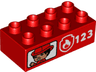 Duplo, Brick 2 x 4 with Firefighter, Fire Badge Logo, and '123' Pattern on Both Sides