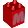 Duplo, Brick 2 x 2 x 2 with Coral Capital Letter M with Medium Lavender Outline Pattern