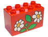 Duplo, Brick 2 x 4 x 2 with 2 White Flowers Daisies with Green Leaves Pattern