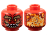 Minifigure, Head Alien Dragon with Orange Eyes, Dark Red Eye Shadow, Dark Tan Bushy Eyebrows, Cheeks and Chin, Scales, Nostrils, Open Mouth with Sharp Teeth Parted and Fangs, Bright Light Yellow Flames on Back Pattern