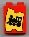 Duplo, Brick 1 x 2 x 2 with Yellow Train Ticket with Black Locomotive Pattern