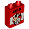 Duplo, Brick 1 x 2 x 2 with Cow, Glass and 'MILK' Pattern