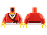 Torso Sweater Cropped with Dark Red Bow and Trim over White Shirt with Bright Light Orange Stars, Silver Heart Pendant Necklace, Yellow Neck Pattern / Red Arms / Yellow Hands