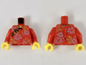 Torso Qipao with Gold Hem and Leaves, Black Clasps, Metallic Pink Flowers Pattern / Red Arms / Yellow Hands
