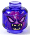 Minifigure, Head Alien with White Eyes, Dark Purple and Magenta Flames, and Open Mouth with Sharp Gold Teeth Pattern