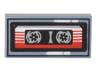 Tile 1 x 2 with Cassette Tape with Red and White Striped Label and Black Frame Pattern
