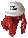 Minifigure, Hair Combo, Hair with Hat, Long Hair with White Crooked Ball Cap with Black Logo Pattern