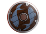 Minifigure, Shield Circular / Round Convex Face with Silver Border, Copper Center, and Sand Blue Fish on Dark Brown Wood Background Pattern