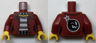 Torso Female Prisoner Jacket over Black and White Striped Undershirt, Bomb on Back Pattern / Dark Red Arms / Yellow Hands