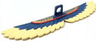 Minifigure Wings Feathered Extended Straight with Neck Bracket with Tan Feathers, Red Curved Line, and Gold Geometric Pattern
