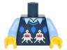 Torso Knit Vest with White and Red Creatures over Bright Light Blue Shirt with Collar Pattern / Bright Light Blue Arms / Yellow Hands