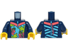 Torso Wetsuit with Medium Azure and Coral Panels, Stripes, Zipper and Flowers and Lime Palm Leaves Pattern (BAM) / Dark Blue Arms / Yellow Hands