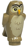 Owl, Angular Features with Bright Light Orange Beak, Black Eyes with Bright Light Yellow Outline, and Tan Chest Feathers Pattern