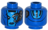 Minifigure, Head Alien Female Dark Azure Face, Dark Blue Lips, Mechanical Left Eye, Silver Stripes on Back Pattern