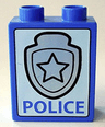 Duplo, Brick 1 x 2 x 2 with Silver Star Badge and 'POLICE' on White Background Pattern