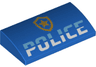 Slope, Curved 2 x 4 x 2/3 with Bottom Tubes with Bright Light Blue and White 'POLICE', Gold Star Badge Logo Pattern