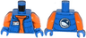 Torso Down Vest with ID Badge over Orange Sweater, Arctic Explorer Logo on Reverse Pattern / Orange Arms / Blue Hands