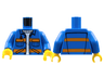 Torso City Jacket with Diagonal Lower Pockets & Pen over Creased Sweater, Orange Stripes Pattern, Printing on Back / Blue Arms / Yellow Hands