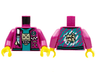 Torso Jacket with White Strap and Checkered Badge, Dark Turquoise Shirt with Tan Tiger Head, Stripes and Circle on Back Pattern / Magenta Arms / Yellow Hands