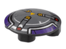 Plate, Round 2 x 2 with Rounded Bottom (Boat Stud) with Dark Purple and Silver Border, 3 Spokes with Black and Yellow Danger Stripes and Red Dots Pattern