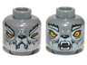 Minifigure, Head Dual Sided Alien Wolf with Light Bluish Gray Eyebrows and Fur, Bright Light Orange Eyes, Black Nose, Neutral with Fangs / Open Mouth with Teeth Parted Pattern