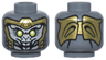 Minifigure, Head Alien with Lime Eyes, Light Bluish Gray Face, Gold Armor, and Open Mouth with Teeth Pattern
