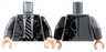 Torso Suit Jacket Open with Pockets, Buttons and Burned Left Side over White Shirt, Tie with Dark Red and Dark Brown Stripes, Black Belt Pattern / Black Arm Left / Dark Bluish Gray Arm Right / Light Nougat Hands