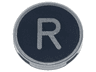 Tile, Round 2 x 2 with Bottom Stud Holder with Silver Capital Letter R on Black Background Pattern