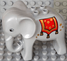 Duplo Elephant Adult with Eyes Squared, White Tusks, and Red Blanket with Gold Stars and Tassels Pattern