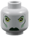 Minifigure, Head Alien with Dark Green Eyebrows, Cheek Lines and Lips, Sand Green Eye Shadow and Cheeks, Stern Pattern