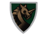 Minifigure, Shield Triangular Short with Gold Armored Horse (Unicorn) on Dark Green Background Pattern