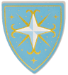 Minifigure, Shield Triangular Short with Ornate Bright Light Blue and White Cross with Gold Sparkles and Border on Medium Blue Background Pattern
