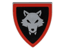 Minifigure, Shield Triangular Short with Silver Wolfpack Almond Eyes, Red Border around Black Background Pattern