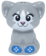 Cat, Mini Doll Style, Baby Kitten, Sitting with Black Eyes, Dark Pink Nose, and White Fur and Blue Holiday Socks/Mittens Pattern
