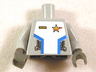 Torso Space Uniform with Large White Center Panel with Blue Stripes on Sides, Yellow Name Tag and Star Justice Badge Pattern (Sticker) / Light Bluish Gray Arms / Dark Bluish Gray Hands