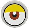 Tile, Round 1 x 1 with White Eye with Centered Reddish Brown Iris and Partially Closed Curved Yellow Eyelid Pattern