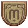 Tile, Round 1 x 1 Half Circle Extended with Dark Brown Letter E / M / W in Ornate Frame on Gold Background Pattern